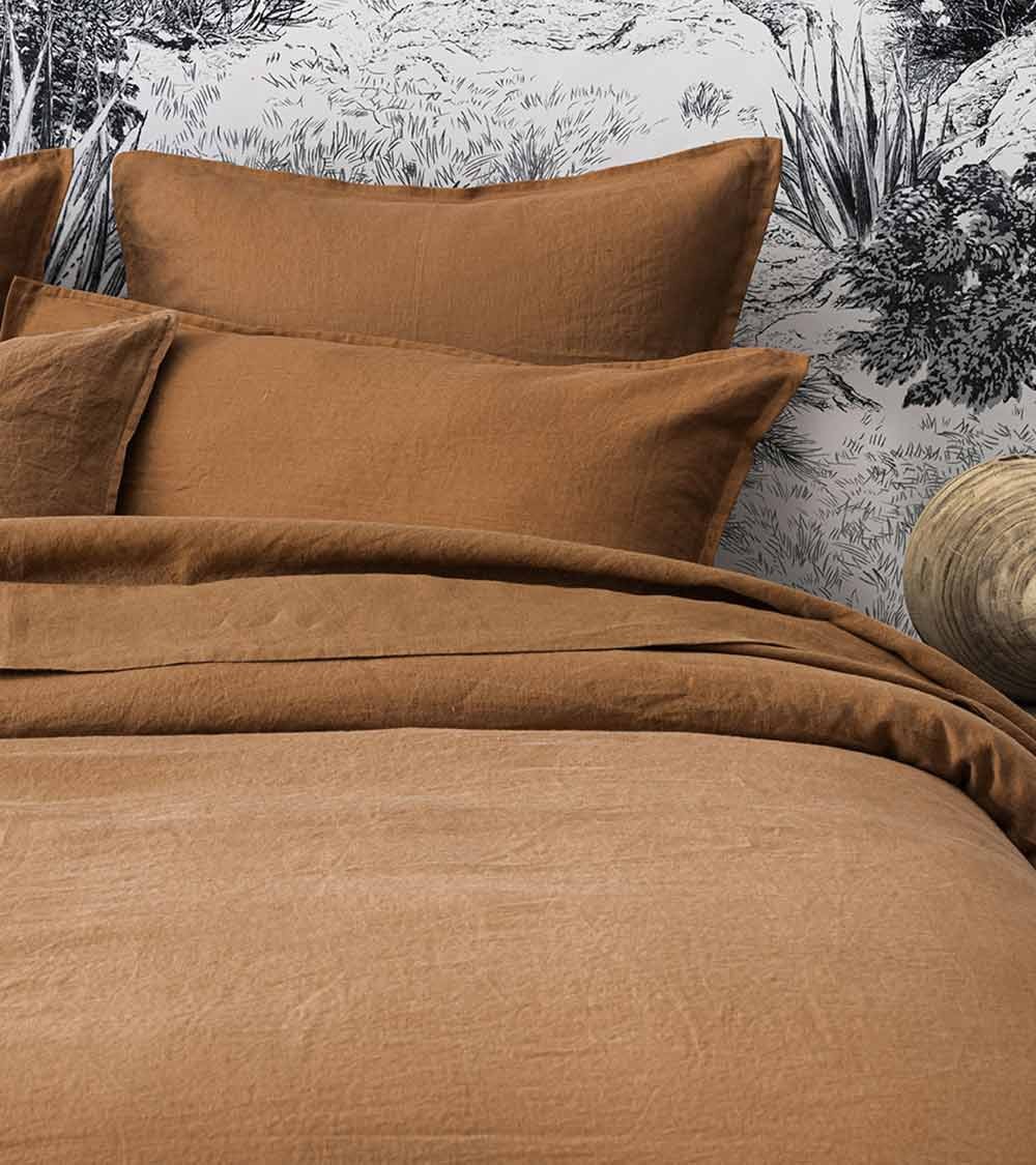 Taie d'oreiller en Lin Français, Origine France Garantie. Couleur Teck