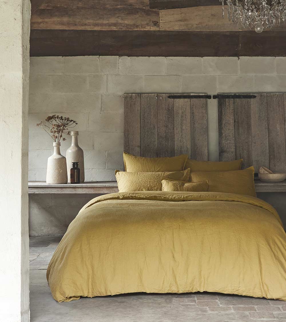 Drap Housse en Lin jaune Sienne Nouvelle Vague - Origine France Garantie
