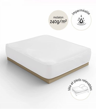 Protège matelas molleton PVC 240gr/m² imperméable, tête et pieds relevables pour lit de relaxation