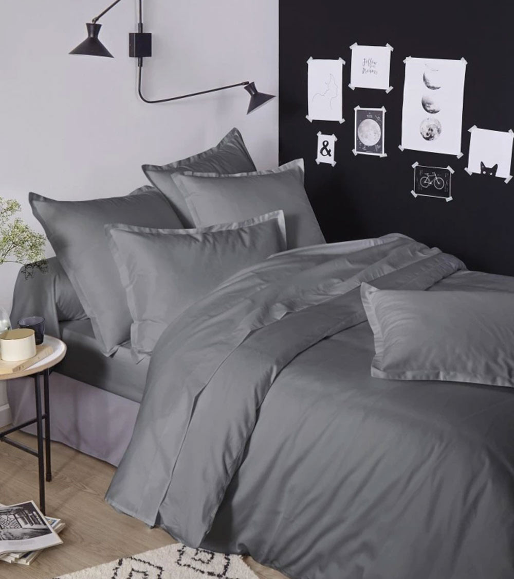 Taie d'oreiller unie satin de coton GRAPHITE