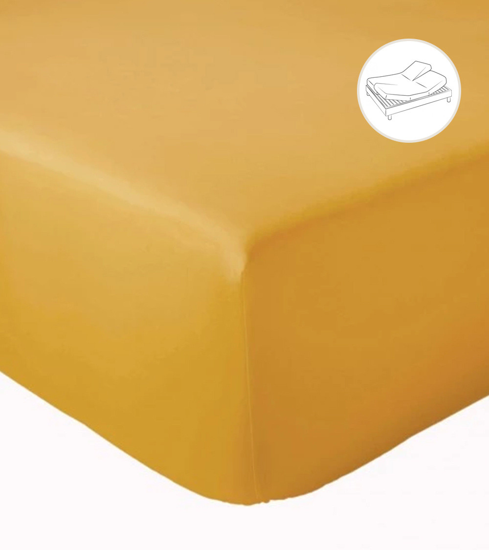 Drap housse uni coton MOUTARDE pour lit articulé (tête et pieds relevables)