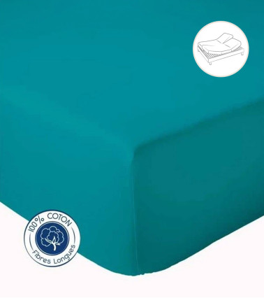 Drap housse uni coton BLEU Paon pour lit articulé (tête et pieds relevables)