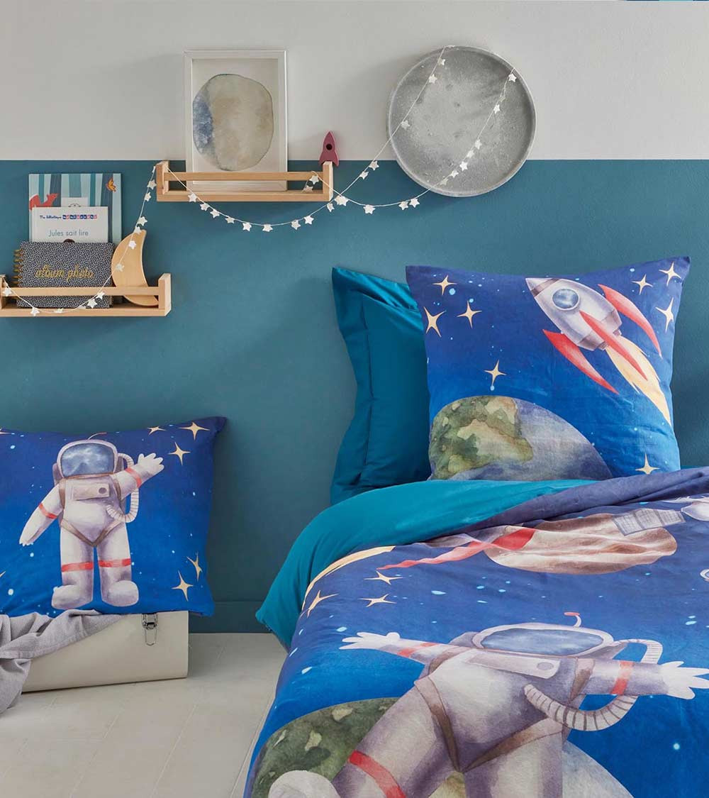Housse de couette percale Thomas pour parure de lit pour enfant passionné d'astrologie et qui ont la tête dans les étoiles