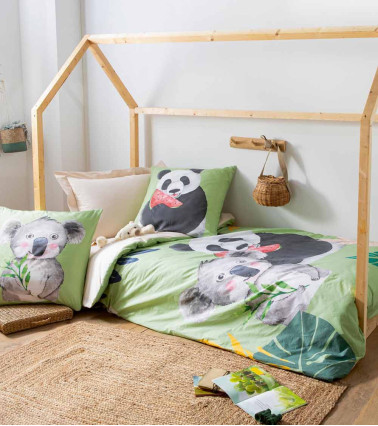 Housse de couette percale Panda pour parure de lit pour enfant en quête d'aventures