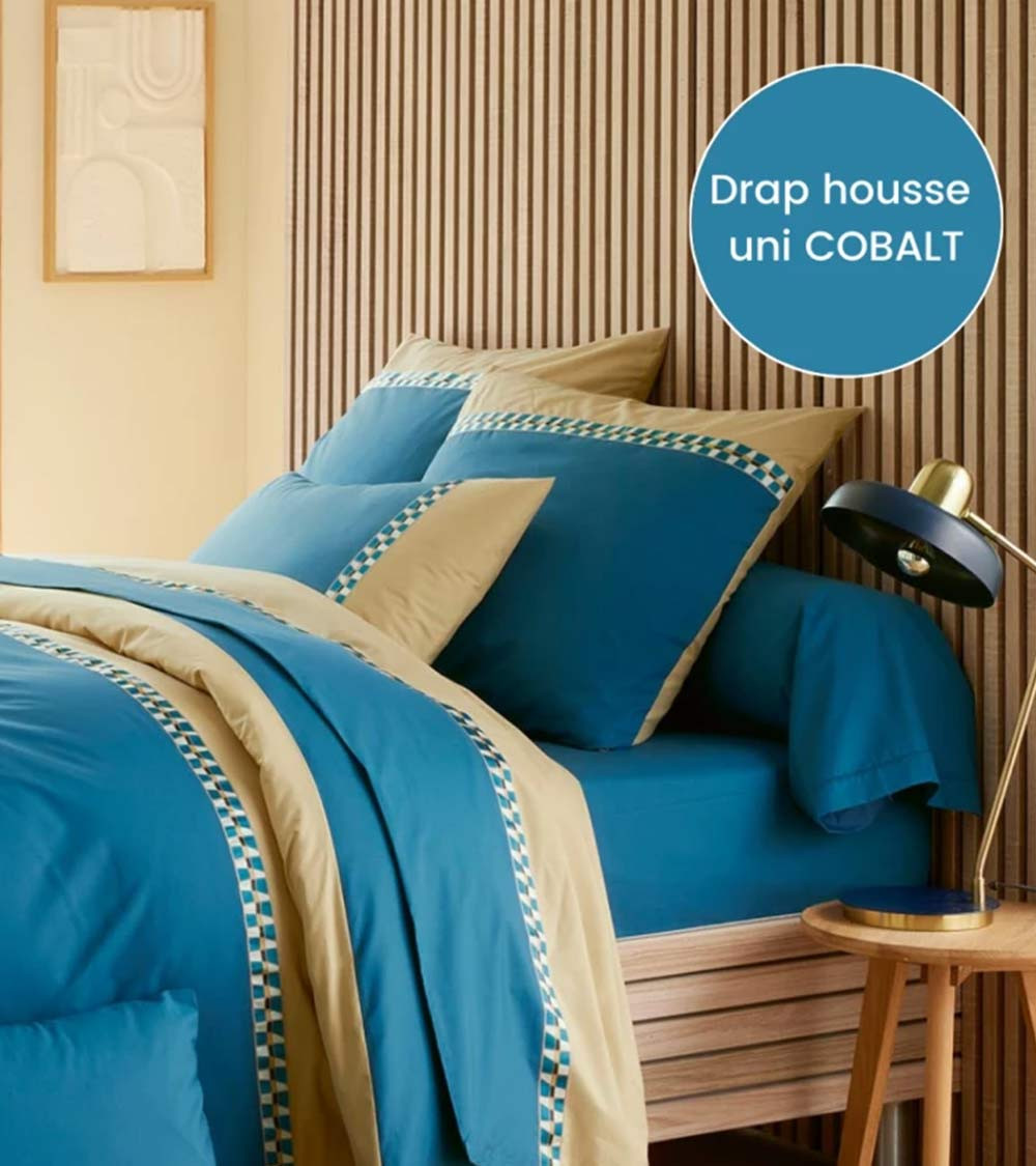 Housse de couette percale de coton LINO COBALT