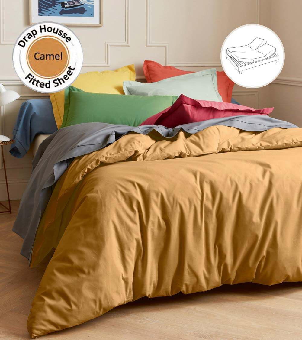 Drap housse uni coton CAMEL pour lit articulé (tête et pieds relevables)