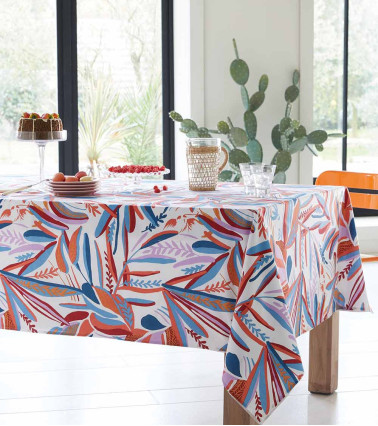 Nappe en coton imprimée feuillage multicolore Chili Salsa, artisanat français, pour vos repas au quotidien