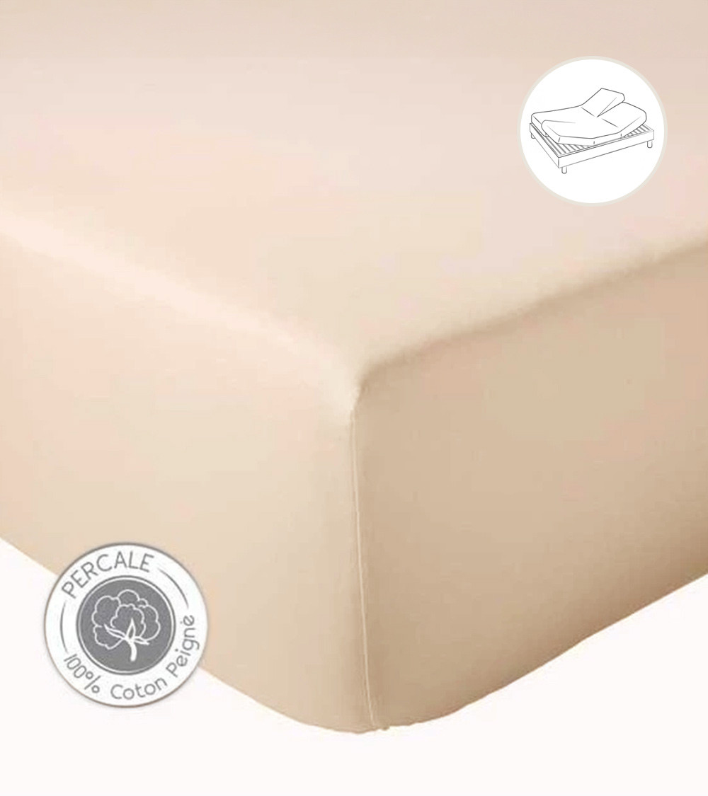 Drap housse uni percale de coton BEIGE pour lit articulé (tête et pieds relevables)