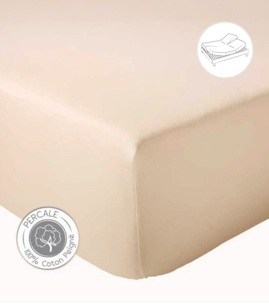 Drap housse uni percale de coton BEIGE pour lit articulé (tête et pieds relevables)