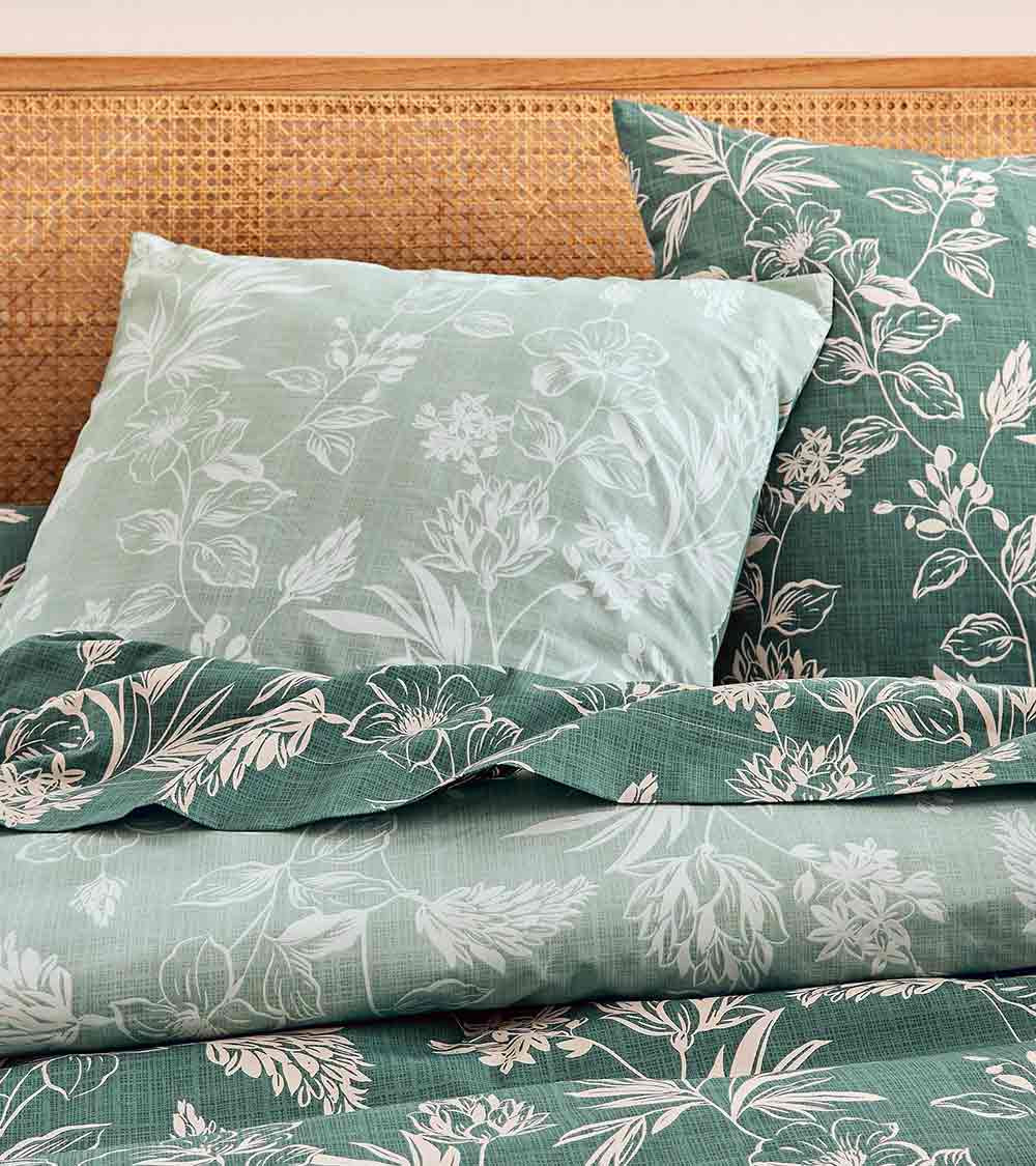 Taie d'oreiller percale ELOÏSE CYPRÈS, Easy Care, OEKO-TEX, France, motif fleuri sauge