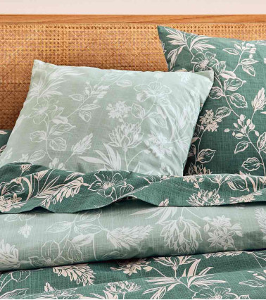 Taie d'oreiller percale ELOÏSE CYPRÈS, Easy Care, OEKO-TEX, France, motif fleuri sauge