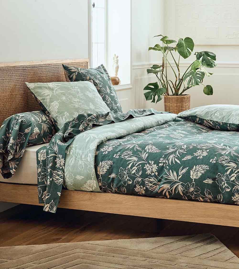 Taie d'oreiller percale ELOÏSE CYPRÈS, Easy Care, OEKO-TEX, France, motif fleuri sauge