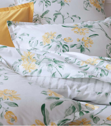 Housse de couette percale de coton ELENA AMBRE, linge de lit Français, imprimé fleuri blanc jaune vert