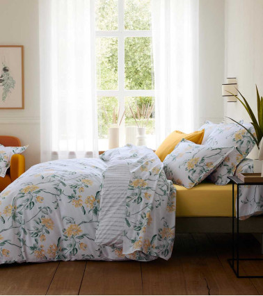 Housse de couette percale de coton ELENA AMBRE, linge de lit Français, imprimé fleuri blanc jaune vert