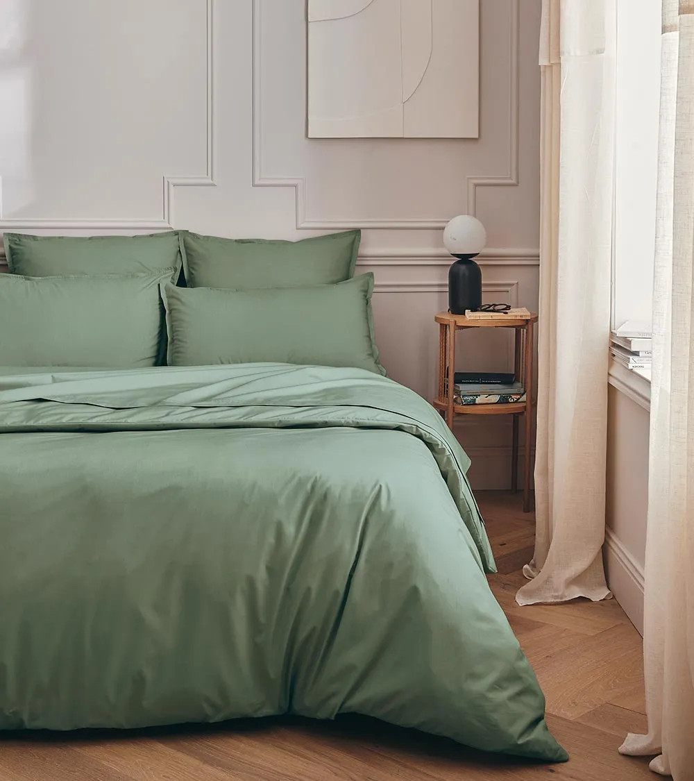 Drap plat Percale Sauge PREMIÈRE, vert clair sauge, fabriqué en France, drap de lit uni