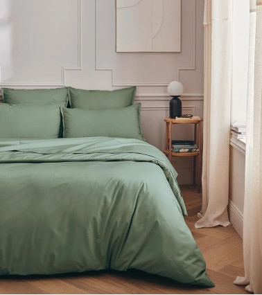 Drap plat Percale Sauge PREMIÈRE, vert clair sauge, fabriqué en France, drap de lit uni