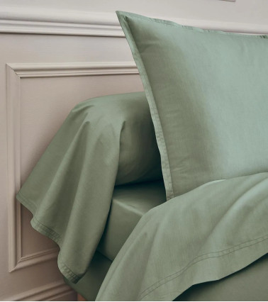 Drap plat Percale Sauge PREMIÈRE, vert clair sauge, fabriqué en France, drap de lit uni