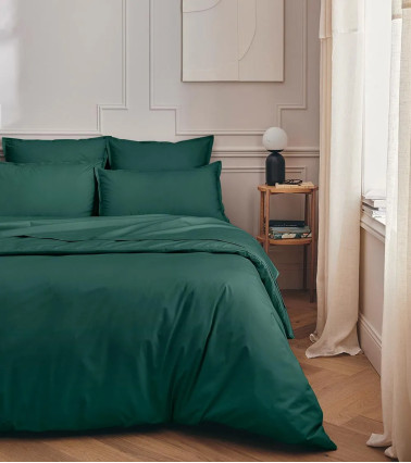 Taie Traversin Percale Forêt PREMIÈRE, linge de lit fabrication française, couleur uni vert foncé bleu profond naturel