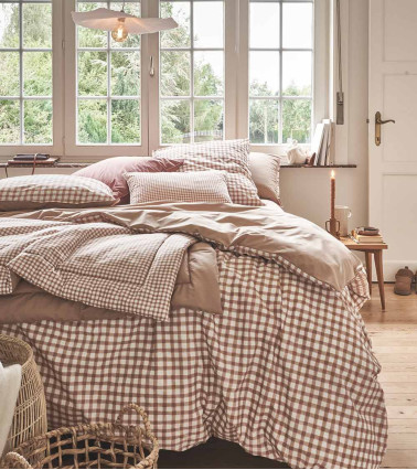 Taie d'Oreiller Percale VICHY Beige, linge de lit fabriqué en France, motif blanc beige et marron