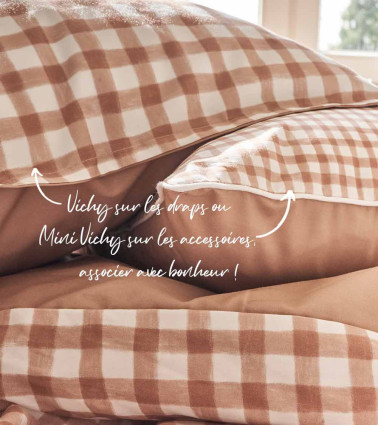 Taie d'Oreiller Percale VICHY Beige, linge de lit fabriqué en France, motif blanc beige et marron