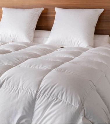 Couette duvet d'oie chaude mi-saison 220g/m², luxueuse et gonflante, enveloppe en satin de coton bio thermorégulé