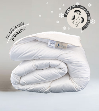 Couette duvet d'oie chaude mi-saison 220g/m², luxueuse et gonflante, enveloppe en satin de coton bio thermorégulé
