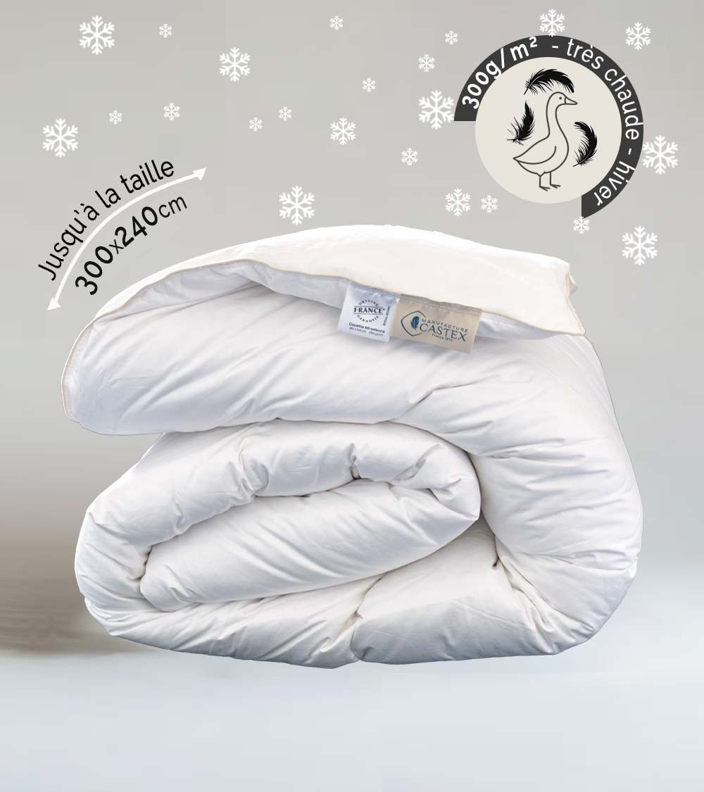 Couette duvet d'oie très chaude hiver 300g /m², luxueuse et gonflante, enveloppe en satin de coton bio thermorégulé
