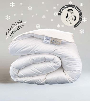 Couette duvet d'oie très chaude hiver 300g /m², luxueuse et gonflante, enveloppe en satin de coton bio thermorégulé