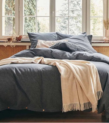 Drap plat en Flanelle Anthracite FRISSON, haut de gamme  100% coton gratté 170 gr/m²