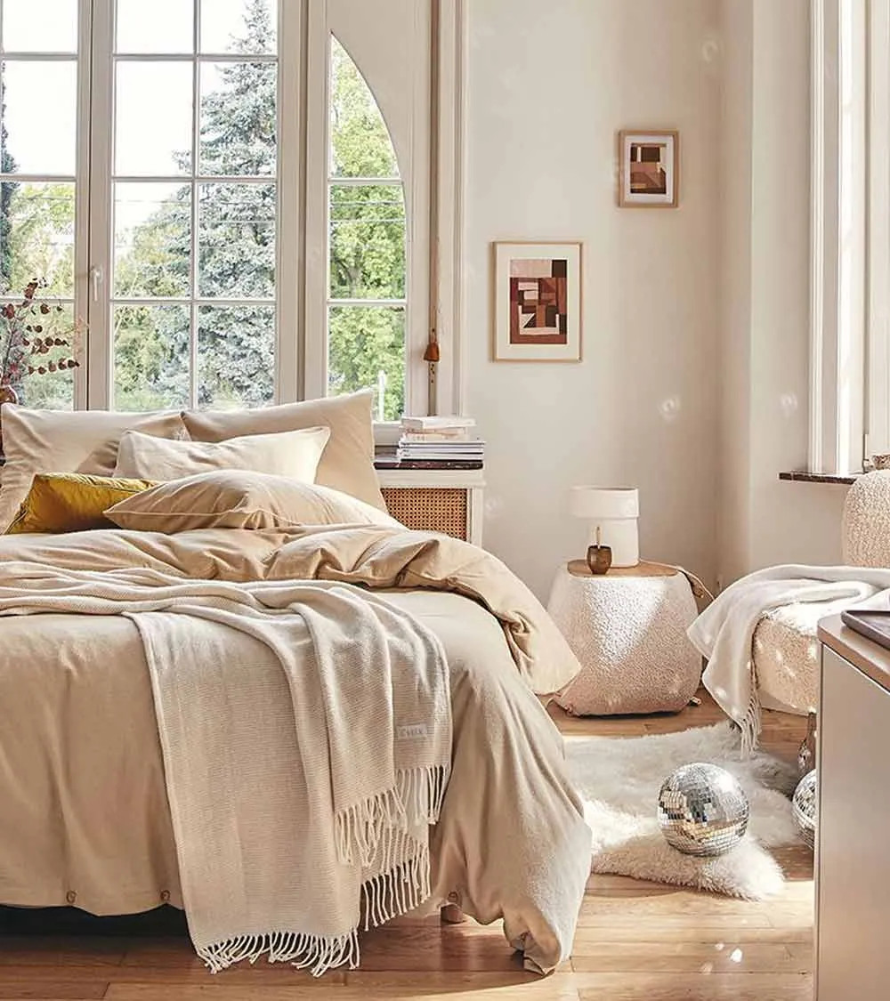 Taie d'oreiller en Flanelle Sésame FRISSON, Passepoil contrasté, 100% coton gratté 170 gr/m², offrant douceur et chaleur