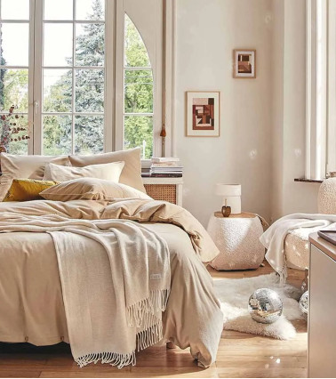 Taie d'oreiller en Flanelle Sésame FRISSON, Passepoil contrasté, 100% coton gratté 170 gr/m², offrant douceur et chaleur