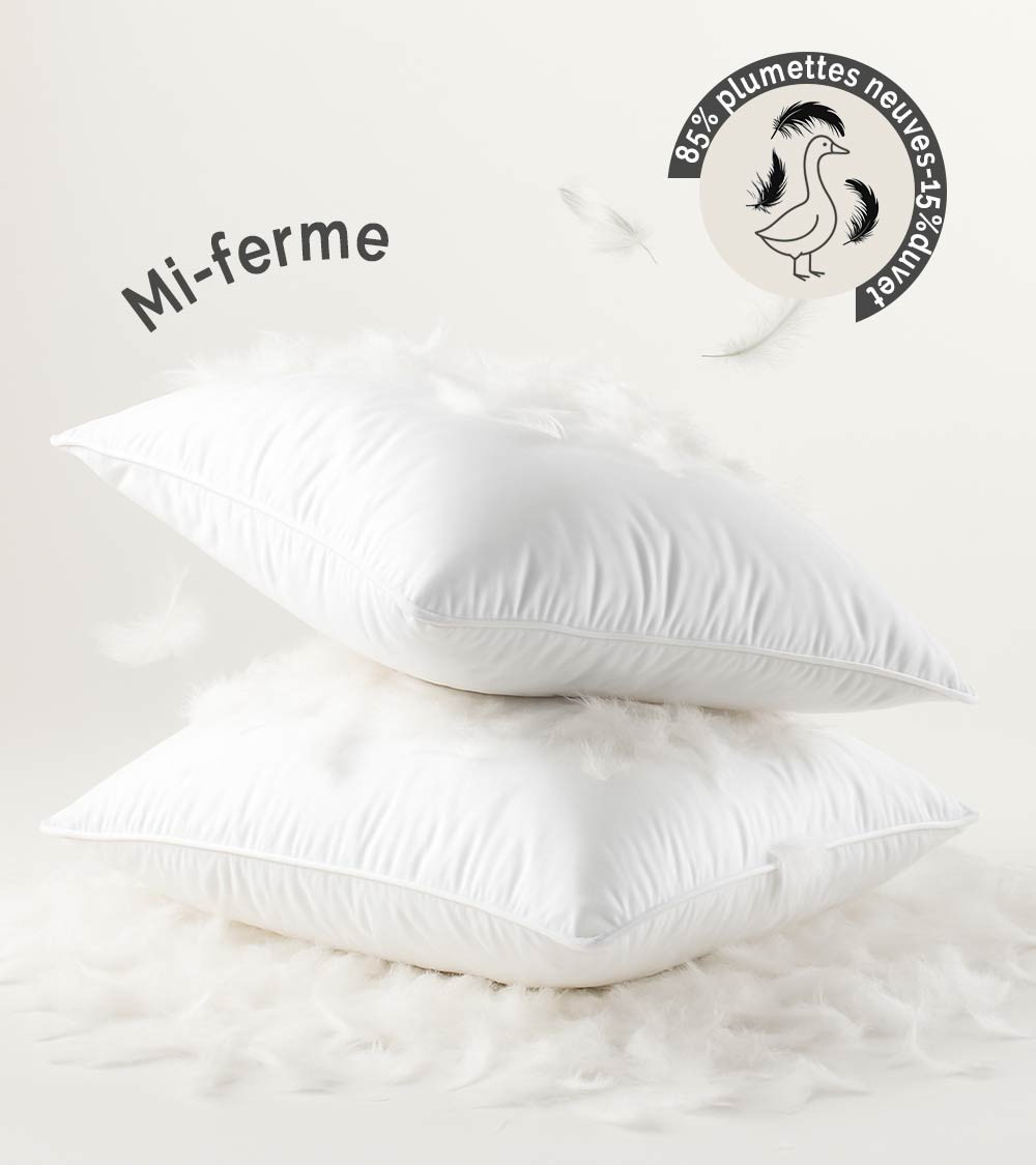 Oreiller mi ferme, 85% de plume neuve, naturellement anti-acariens