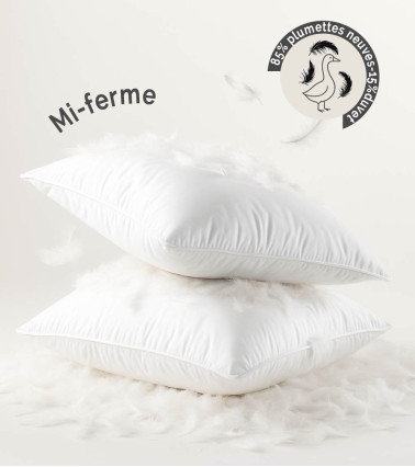 Oreiller mi ferme, 85% de plume neuve, naturellement anti-acariens