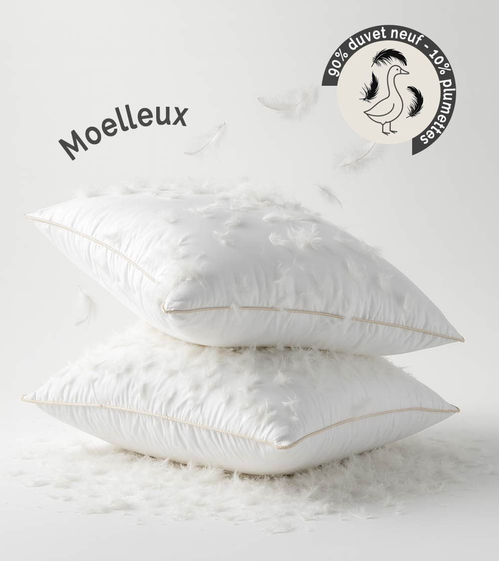 Oreiller 90% duvet d'oie neuf confort moelleux, tissu satin bio, naturellement anti-acariens, fabrication française