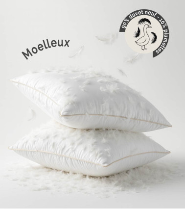 Oreiller 90% duvet d'oie neuf confort moelleux, tissu satin bio, naturellement anti-acariens, fabrication française