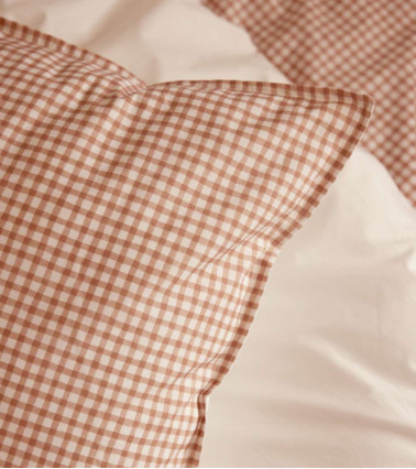 Taie d'Oreiller MINI VICHY, linge de lit fabriqué en France, motif carreaux beige et marron