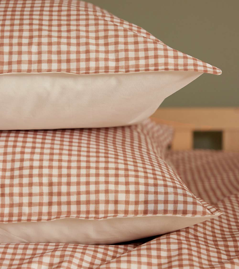 Taie d'Oreiller MINI VICHY, linge de lit fabriqué en France, motif carreaux beige et marron