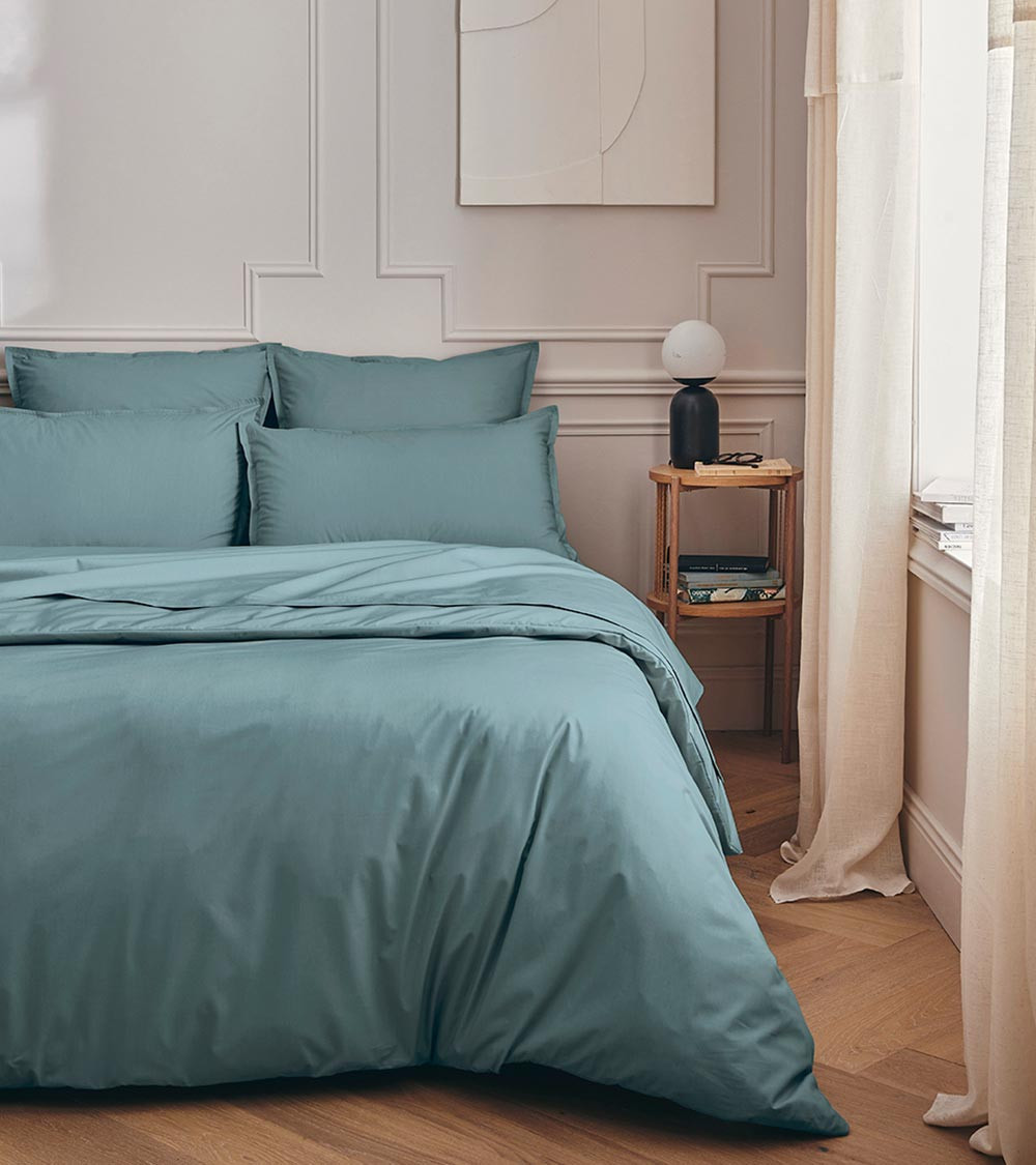 Taie d'Oreiller Percale Bleu Glacier PREMIÈRE, linge de lit Fabriqué en France, bleu froid clair