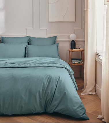 Taie d'Oreiller Percale Bleu Glacier PREMIÈRE, linge de lit Fabriqué en France, bleu froid clair