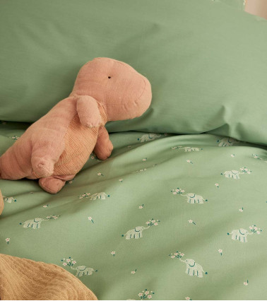 Taie d'Oreiller CUEILLETTE, linge de lit pour enfant fabriqué en France, motif fleuri et éléphants, vert sauge