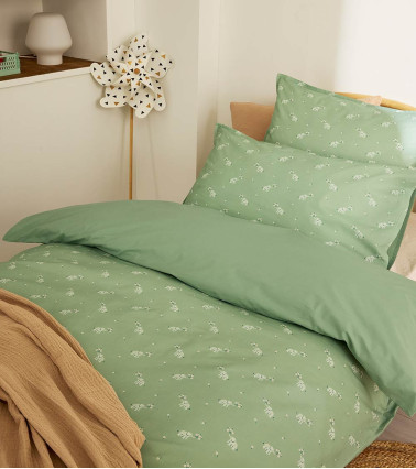 Taie d'Oreiller CUEILLETTE, linge de lit pour enfant fabriqué en France, motif fleuri et éléphants, vert sauge