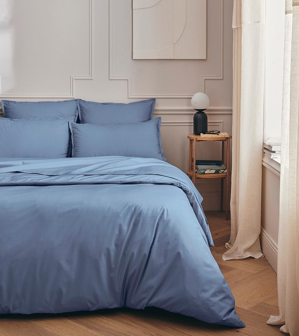 Drap plat Percale Bleu Olympe PREMIÈRE, linge de lit uni fabriqué en France, bleu ciel pastel froid, 180x290, 240x300, 270x300