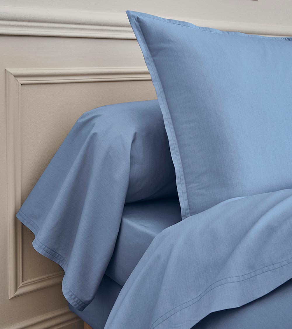 Drap plat Percale Bleu Olympe PREMIÈRE, linge de lit uni fabriqué en France, bleu ciel pastel froid, 180x290, 240x300, 270x300