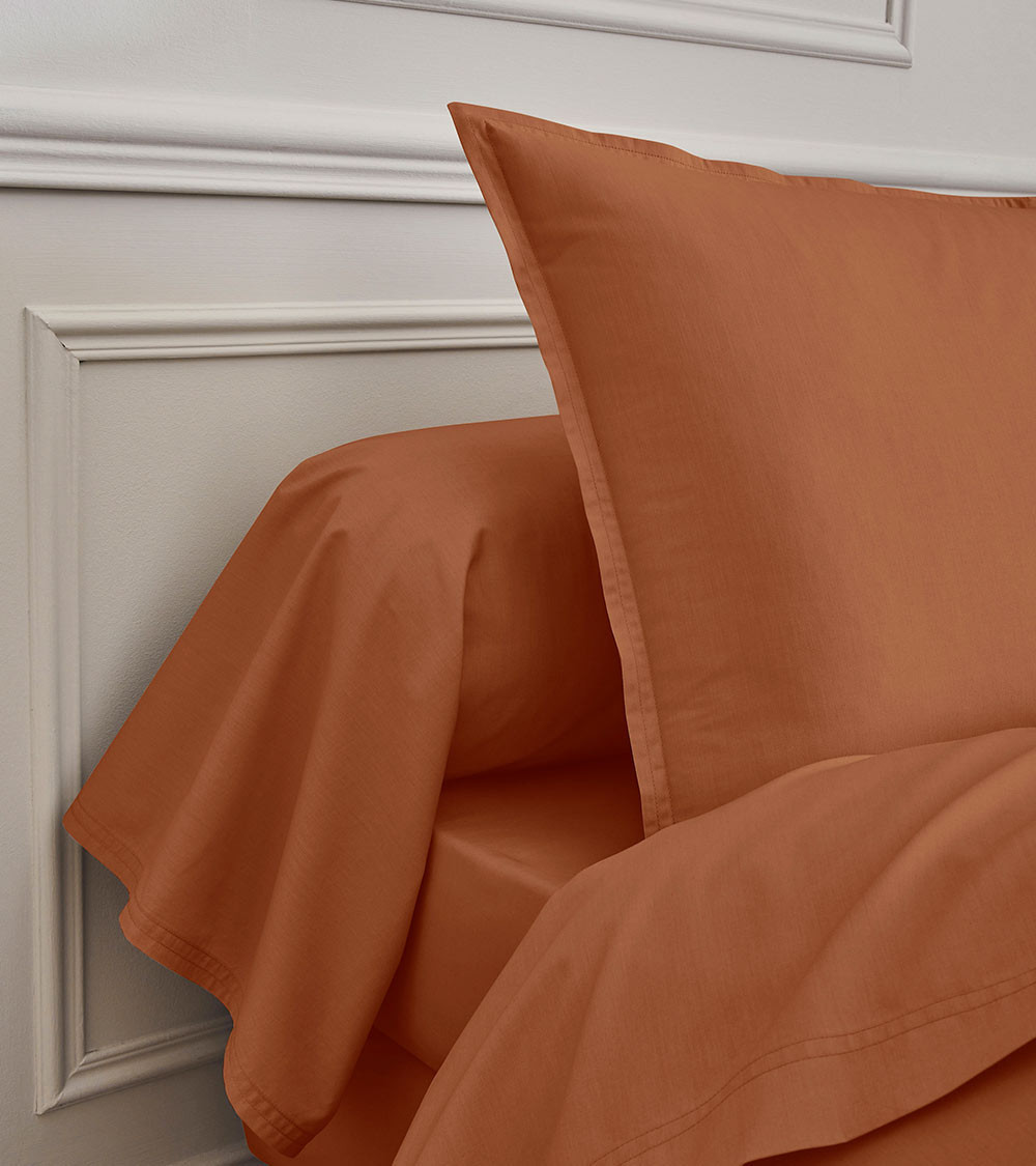 Taie Traversin Percale CUIR PREMIÈRE, linge de lit fabriqué en France, uni marron chaud, orange, 43x230 cm et 43x190 cm