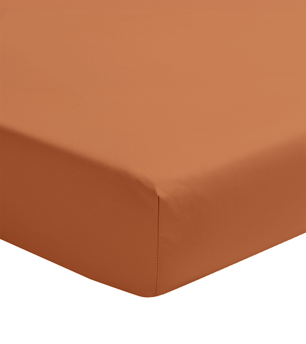 Drap Housse Percale CUIR PREMIÈRE, linge de lit fabriqué en France, marron chaud uni, orange, bonnet 30 cm et 40 cm