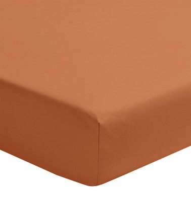 Drap Housse Percale CUIR PREMIÈRE, linge de lit fabriqué en France, marron chaud uni, orange, bonnet 30 cm et 40 cm