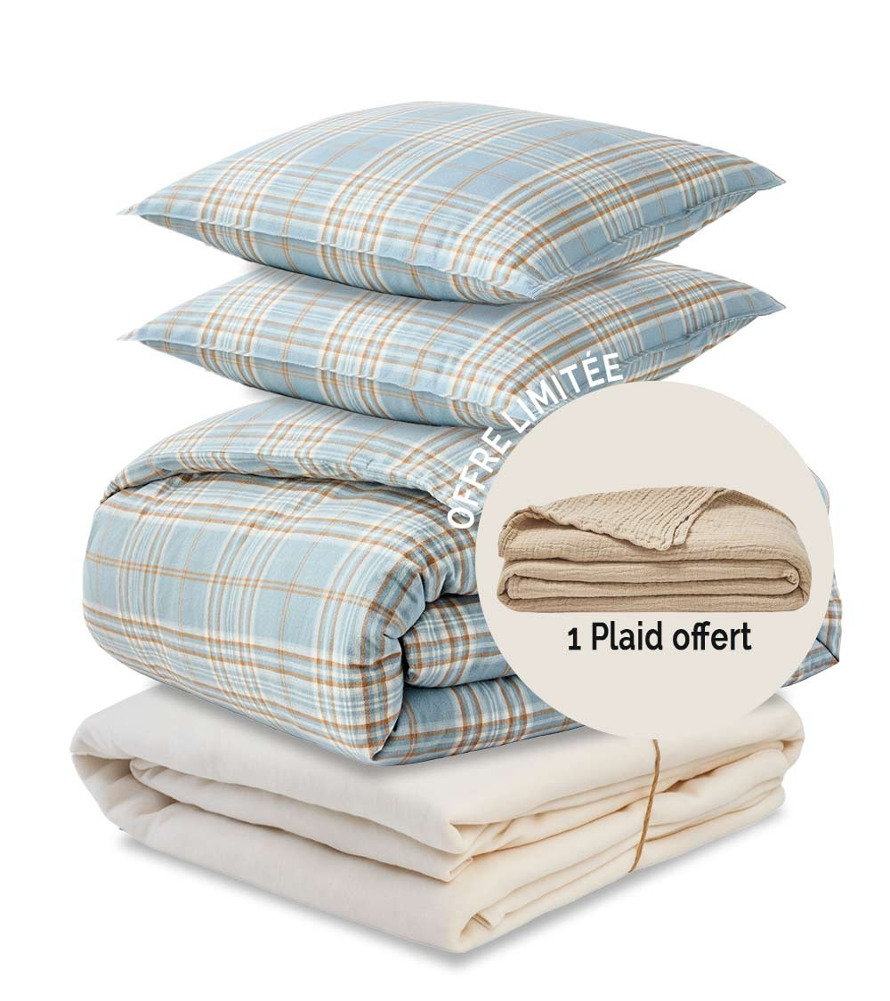 Parure Couette Flanelle 2 places TARTAN, drap housse, housse de couette et 2 taies d'oreiller - Offre limitée