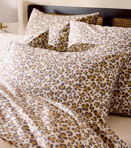 Taie de traversin percale de coton FAUVE BEIGE, fabrication Française, imprimé animal panthère