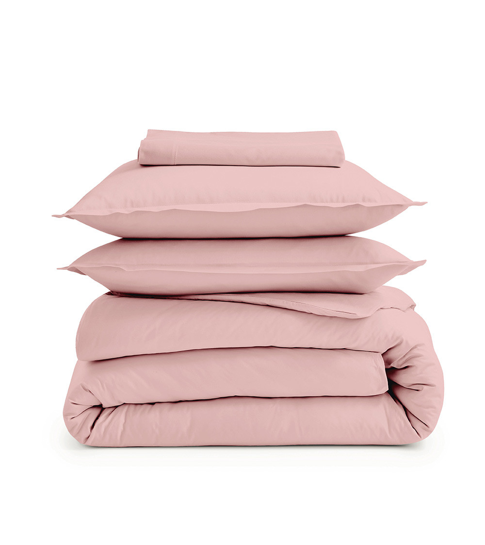 Drap housse uni percale de coton OPALE, rose poudré, linge de lit fabriqué en France