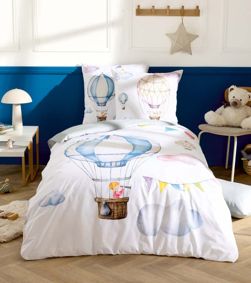 Taie d'oreiller percale ODYSSÉE, parure de lit pour enfant, linge de lit fabriqué en France, motif ciel et montgolfière 2
